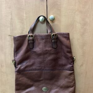Fossil Brown pebbled leather tote. Three compartments.